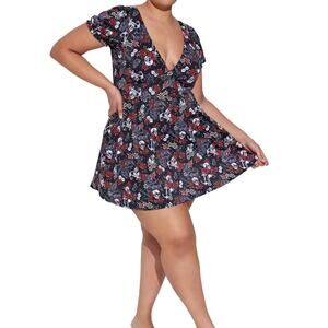 Torrid Retro Swim Dress 5XL Black Skull Rose Tattoo Wireless Puff Sleeve Goth